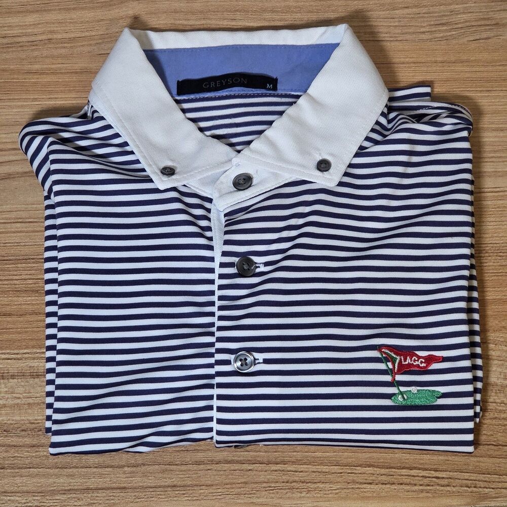Greyson Wolf Logo LACC Golf Polo Mens MediumBlue White Stripe Performance